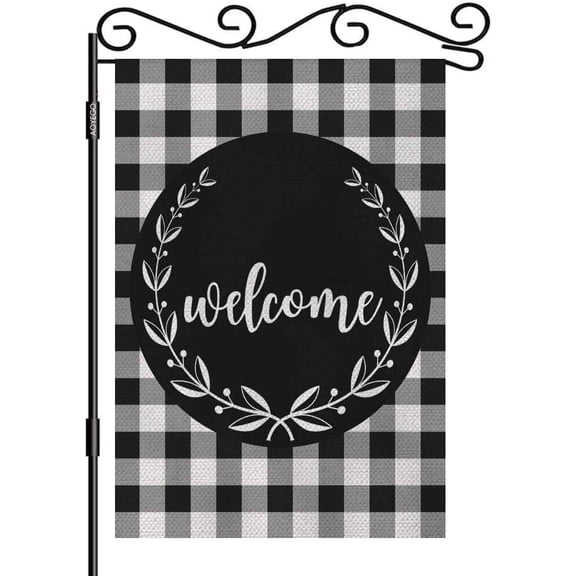 Welcome Laurel Wreath Garden Flag Vertical Double Sided Buffalo Plaid 12.5 x 18 Inch Black and White for Outdoor or Indoor Decoration