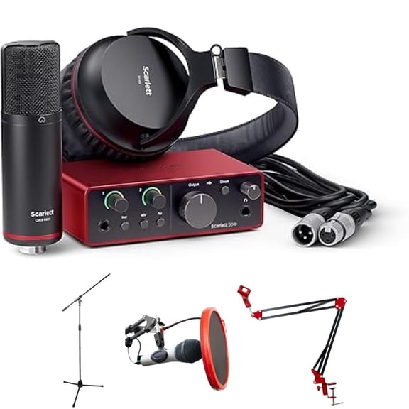 Focusrite Scarlett Solo Studio 4th Gen Audio Interface with Mic, Headphones Bundle with Adjustable Microphone Scissor Arm Stand   Universal Pop Filter Wind Screen   Professional Microphone Stand