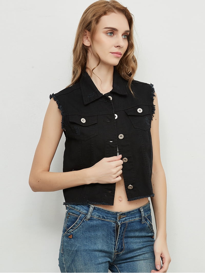Womens Juniors Cotton Denim Black Sleeveless Crop Jacket Jean Vest 