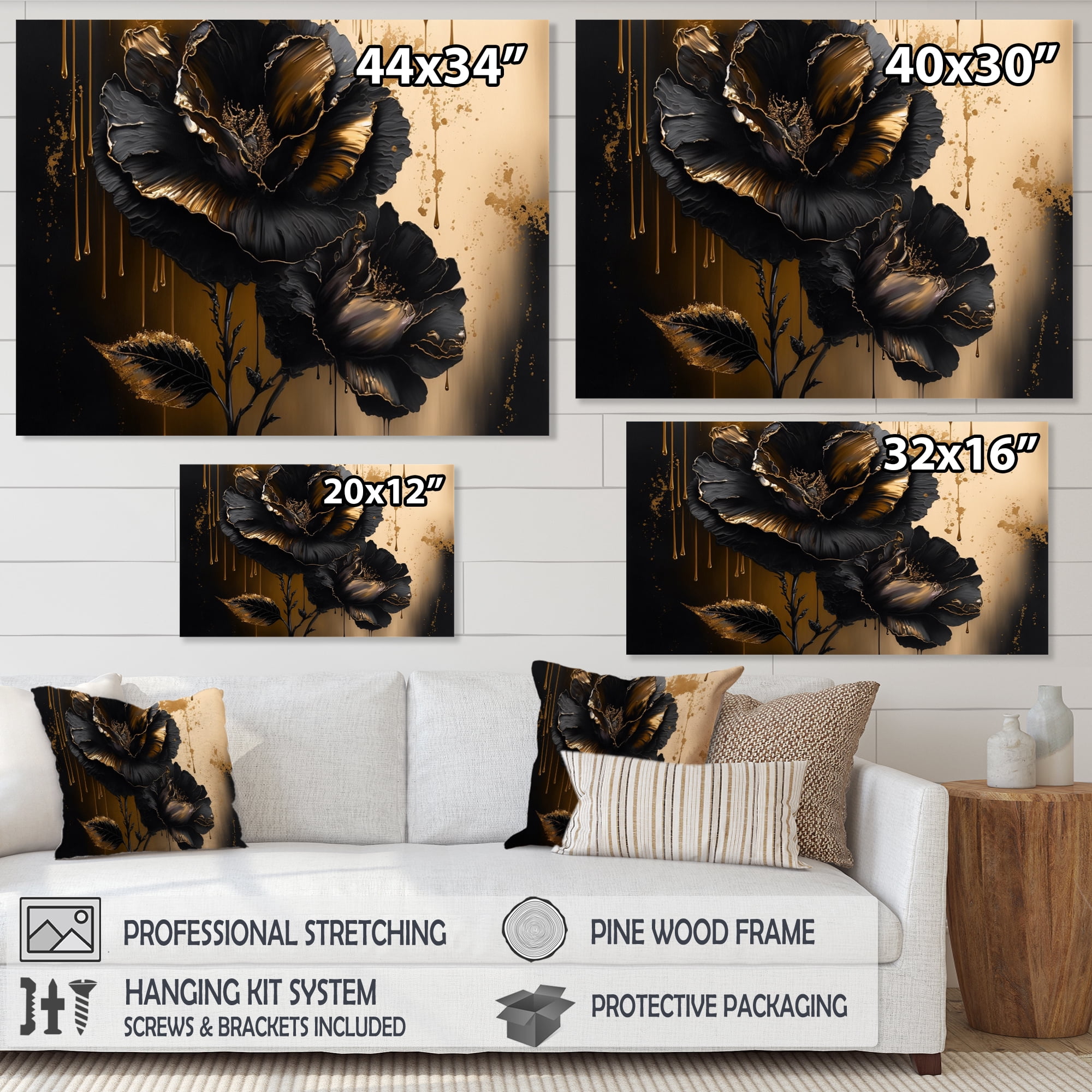 Designart Black And Gold Hibiscus III Canvas Wall Art