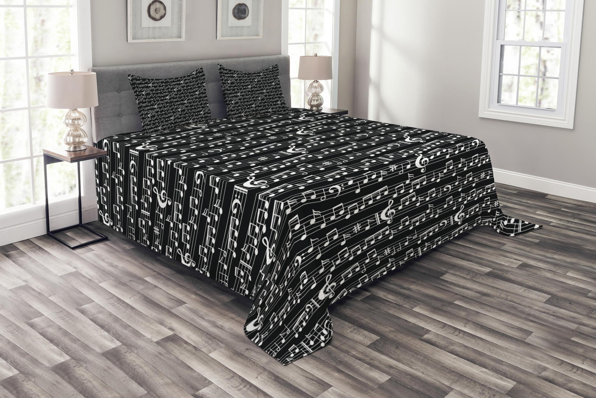 Black Quilted Bedspread & Pillow Shams Set Musical Note Artsy Print Print 