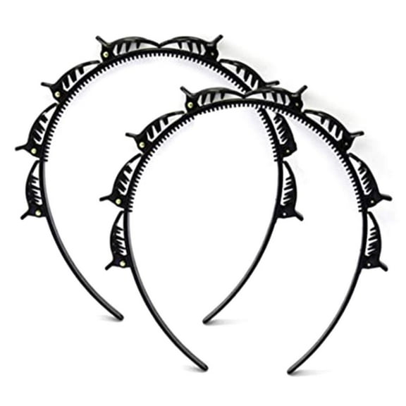 KunMing Hairpin Headbands for Women, Double Layer Braided Headband with Attached Clips (2pcs, Black)