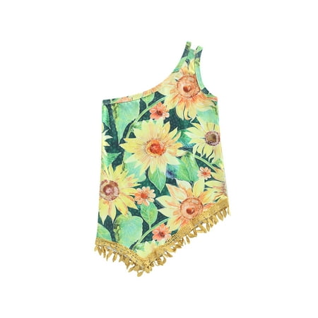 

TheFound Summer Fashion Kids Girls Holiday Dress One Shoulder Strapless Sunflowers Printed Tassel Sundress