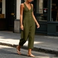 thumbnail image 7 of IUYRTFE Women Cotton Linen V Neck Button Down Jumpsuit Sleeveless Wide Leg Romper with Pockets, 7 of 7