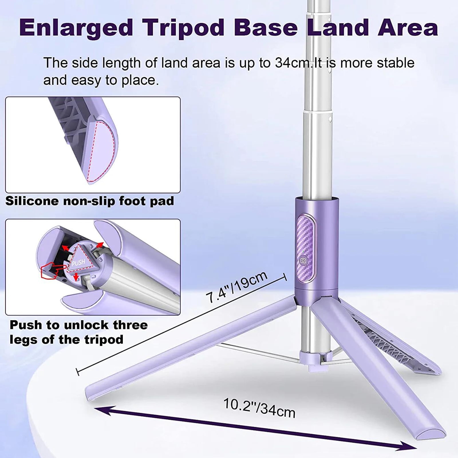 TONEOF 60in Phone Selfie Stick Tripod with Remote,  Travel Tripod Stand Portable for iPhone and Android（Purple）