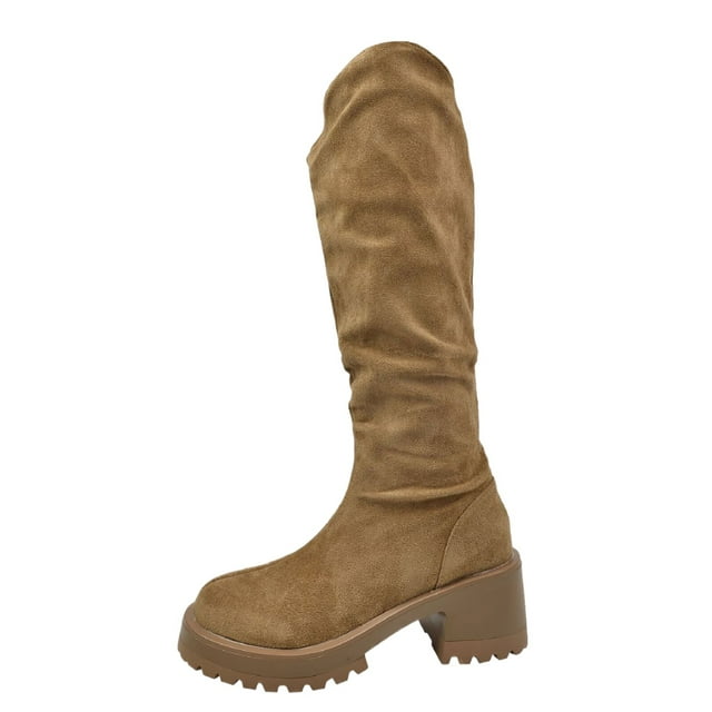 WEAIXIMIUNG Bottes pour Hommes en Cuir Classique Bout Rond Talon Bas au-Dessus du Genou Bottes Western Bout Rond au-Dessus du Genou