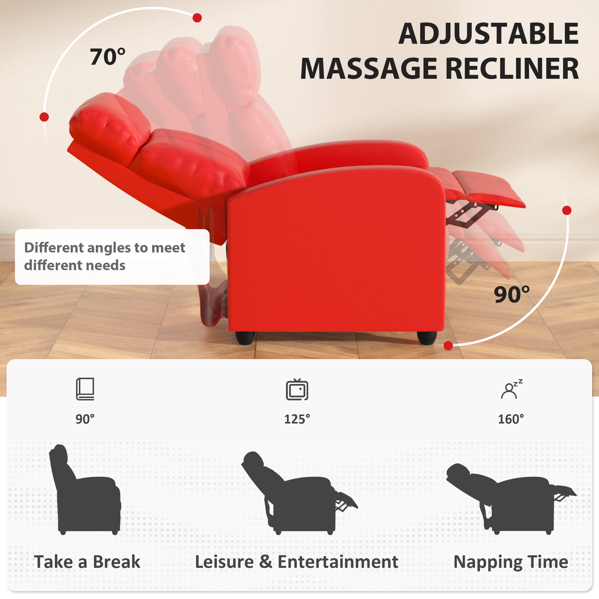 YRLLENSDAN PU Leather Power Recliner with Massage Function, Adjustable Backrest and Footrest, Red