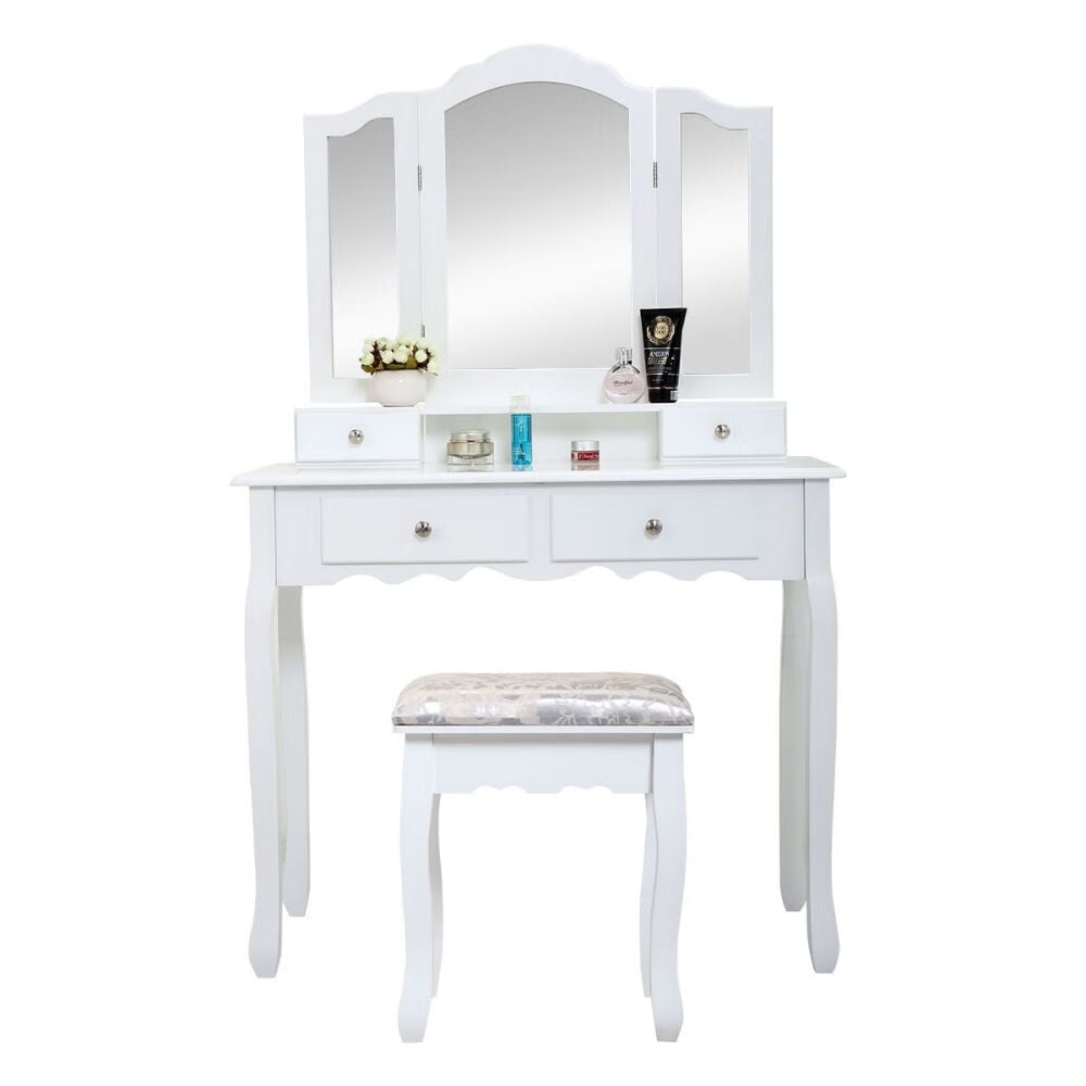 Makeup Vanity Table Set with Trifold Mirror Stool Drawer Wooden Dresser