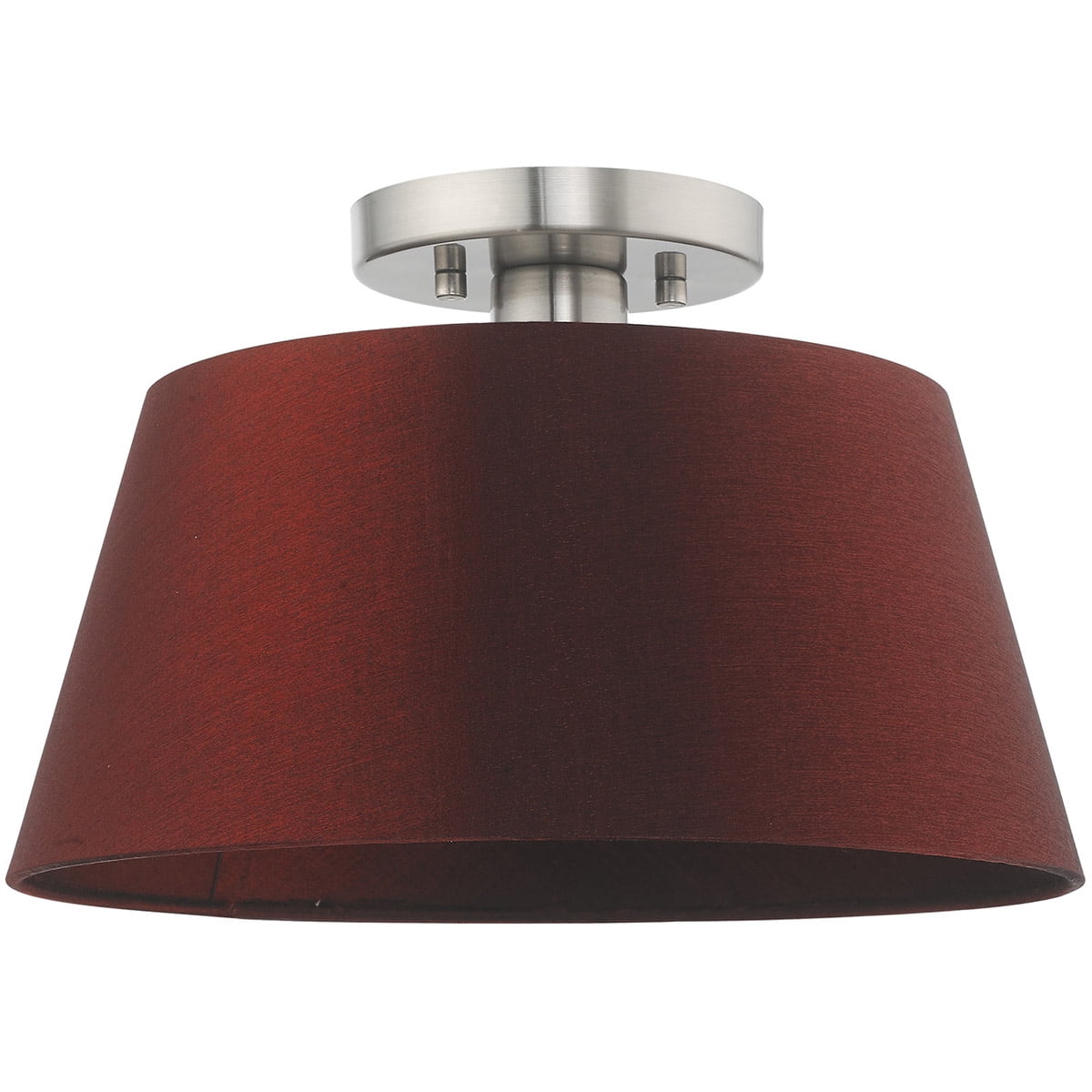 1 Light Brushed Nickel Ceiling Light fixture with Hand Crafted Red Wine Fabric Hardback Shade
