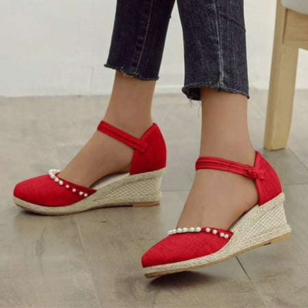 

Christmas Summer Womens Resort Style Floral Embroidered Pattern Wedge Slippers