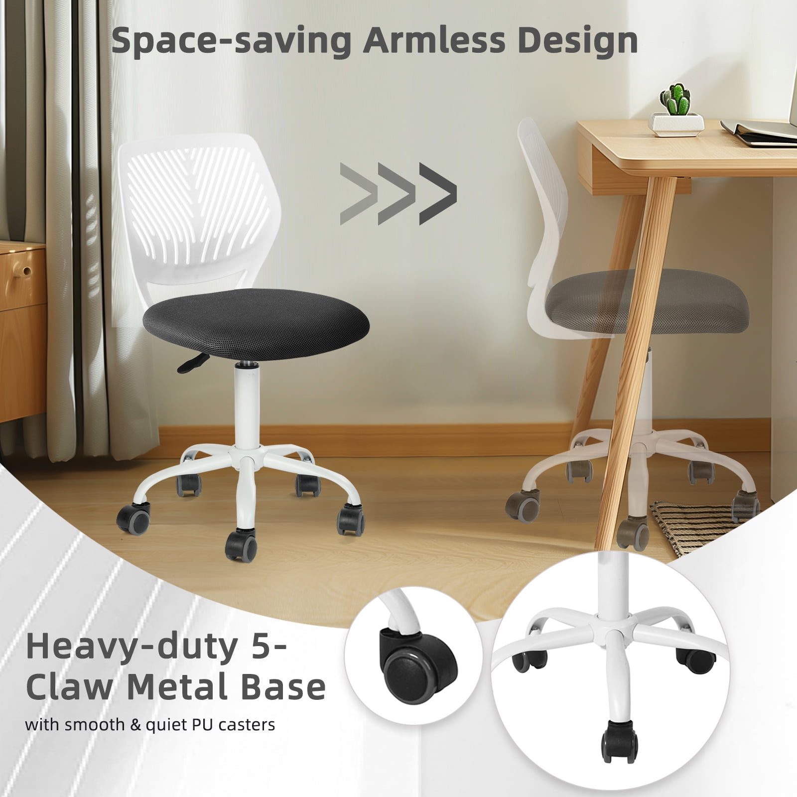 Lot de 2 chaises de bureau compactes à roulettes Homy Casa avec fonction pivotante et réglage de la hauteur, en maille noire