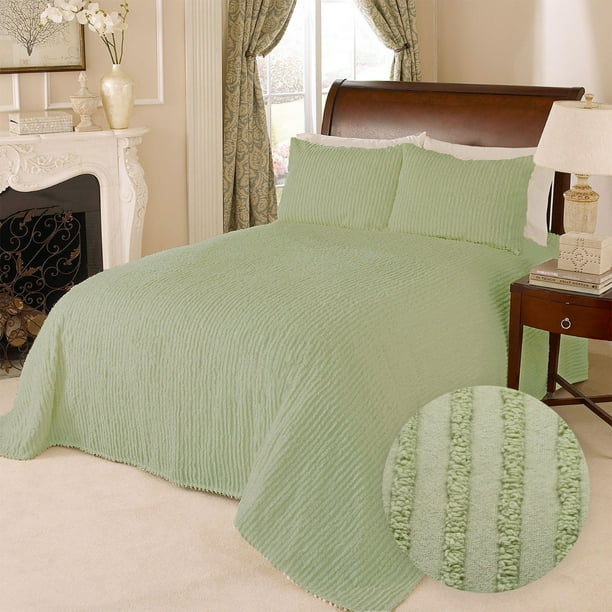 100 Cotton Tufted Chenille Stripe Textured King Bedspread Lightweight