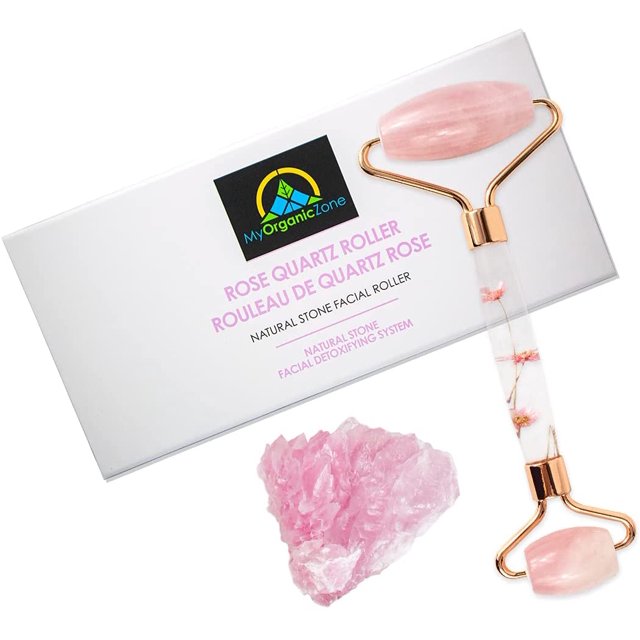 Rouleau en Quartz Rose, Pierre 100 % Naturelle pour Massage Facial, Réduit les Gonflures du Visage et Calme l'Inflammation, Raffermit les Pores et les Rides, Stimule la Désintoxication, Rajeunit la Peau du Visage et du Cou
