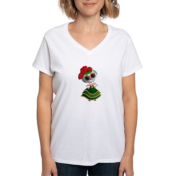 CafePress - El Dia De Los Muertos Skeleton Girl T Shirt - Womens Cotton V-Neck T-shirt