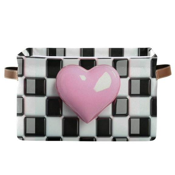 Storage Bins with Handle Fabric Organizer Basket Foldable Box 1 Pack Pink Heart on Checkered 14.2x10.2x8.3
