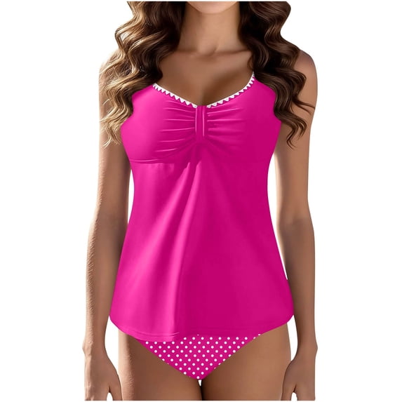 Guieoi Swimsuit Women Bikini Women's Two-Piece Swimsuit Tankini with Tie-Front Design Pink XXL