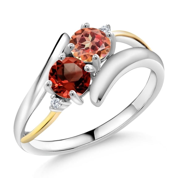 Gem Stone King 2.02 Ct Round Ecstasy Mystic Topaz Red Garnet 925 Silver and 10K Yellow Gold Lab Grown Diamond Two Stone Crossover Ring (Size 5)