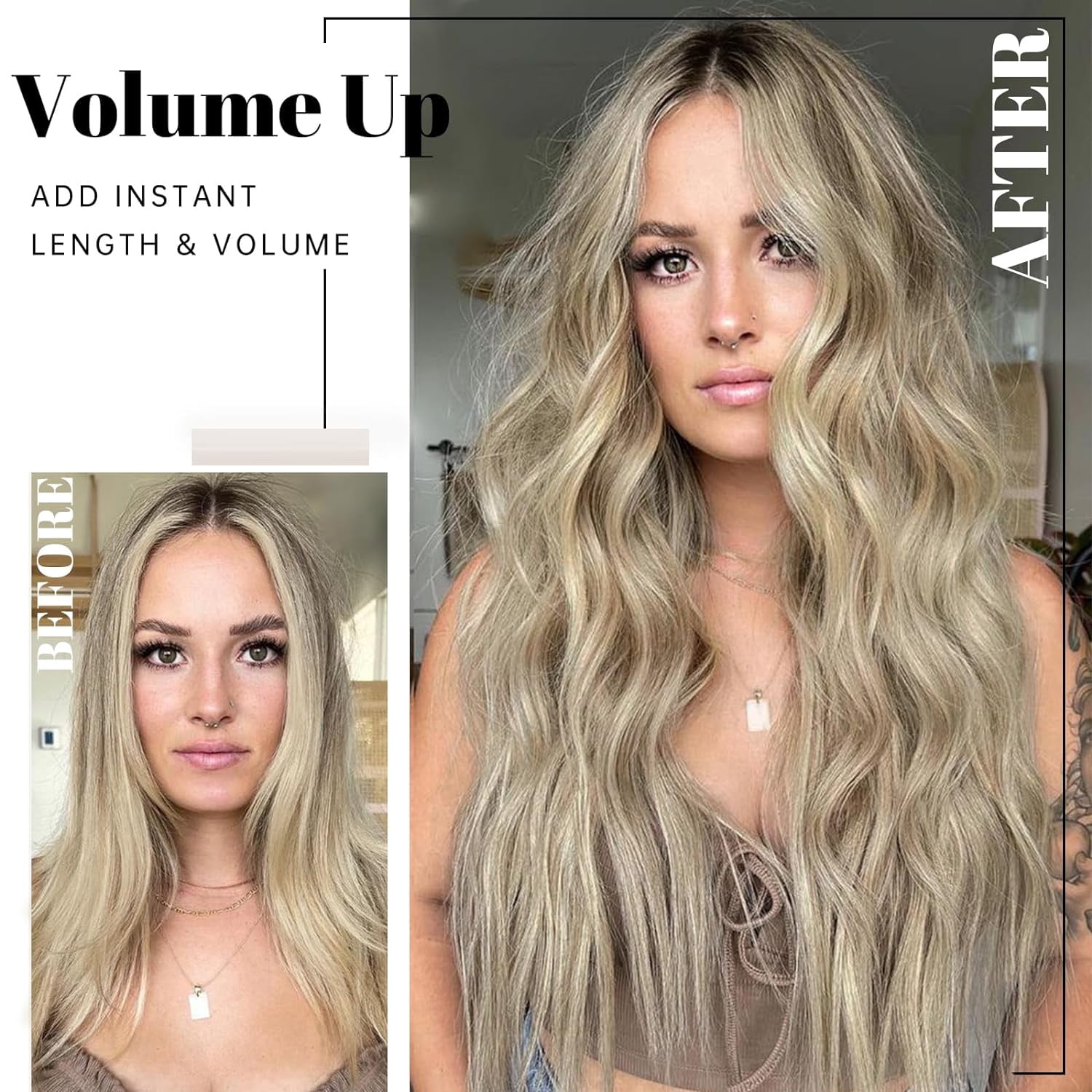 Clip in Long Wavy Synthetic Hair Extension 20 Inch Ash Brown Mixed Platinum Blonde 4PCS Thick Hairpieces Fiber Double Weft Hair for Women