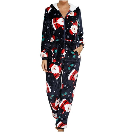 

Women s Hooded Christmas Pajamas Print Warm Fleece Zip Up Long Sleeve Onesie Jumpsuit Casual Soft Sleepwear Romper