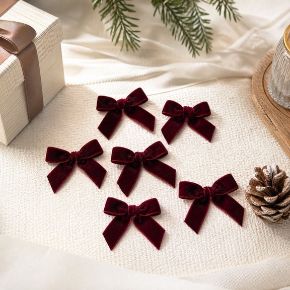 6 Pcs Burgundy Velvet Bow Christmas Tree Ornaments, Fabric Six‑Ear Bow Hanging Pendants, Elegant Holiday Decor for Wreath, Garland, Home Xmas Party Decoration