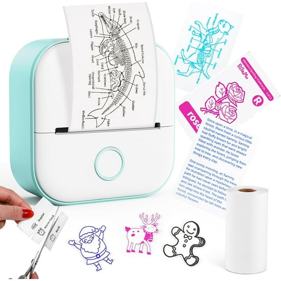 Print Pods Mini Printer , Pocket-Sized Inkless Printer with 1 Rolls Paper , for Photo, Memo, Travel(Green-A)