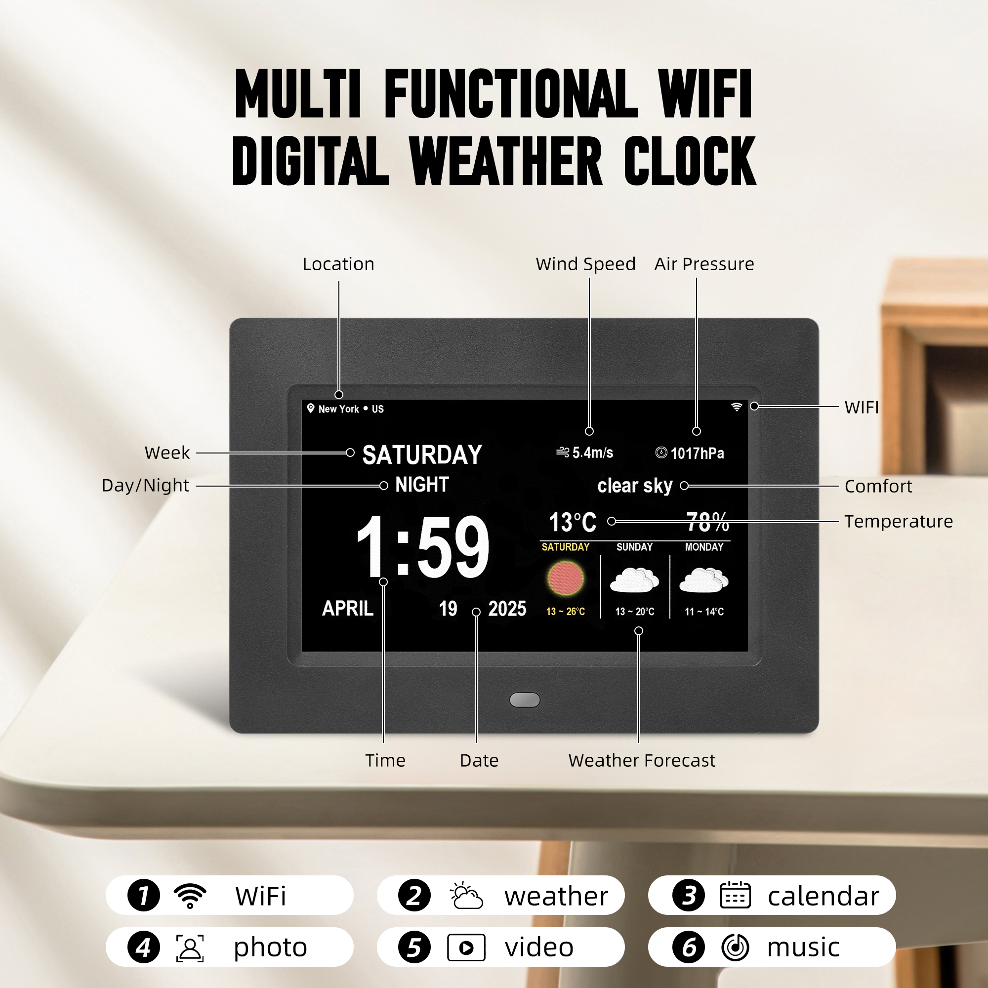Memwake Multifunctional Large-Screen Digital Alarm Clock for 2026 World Cup,for Alzheimer's Patients with Date,Day of Week,Temperature and Humidity,Multiple Display Modes,7-inch WIFI Black