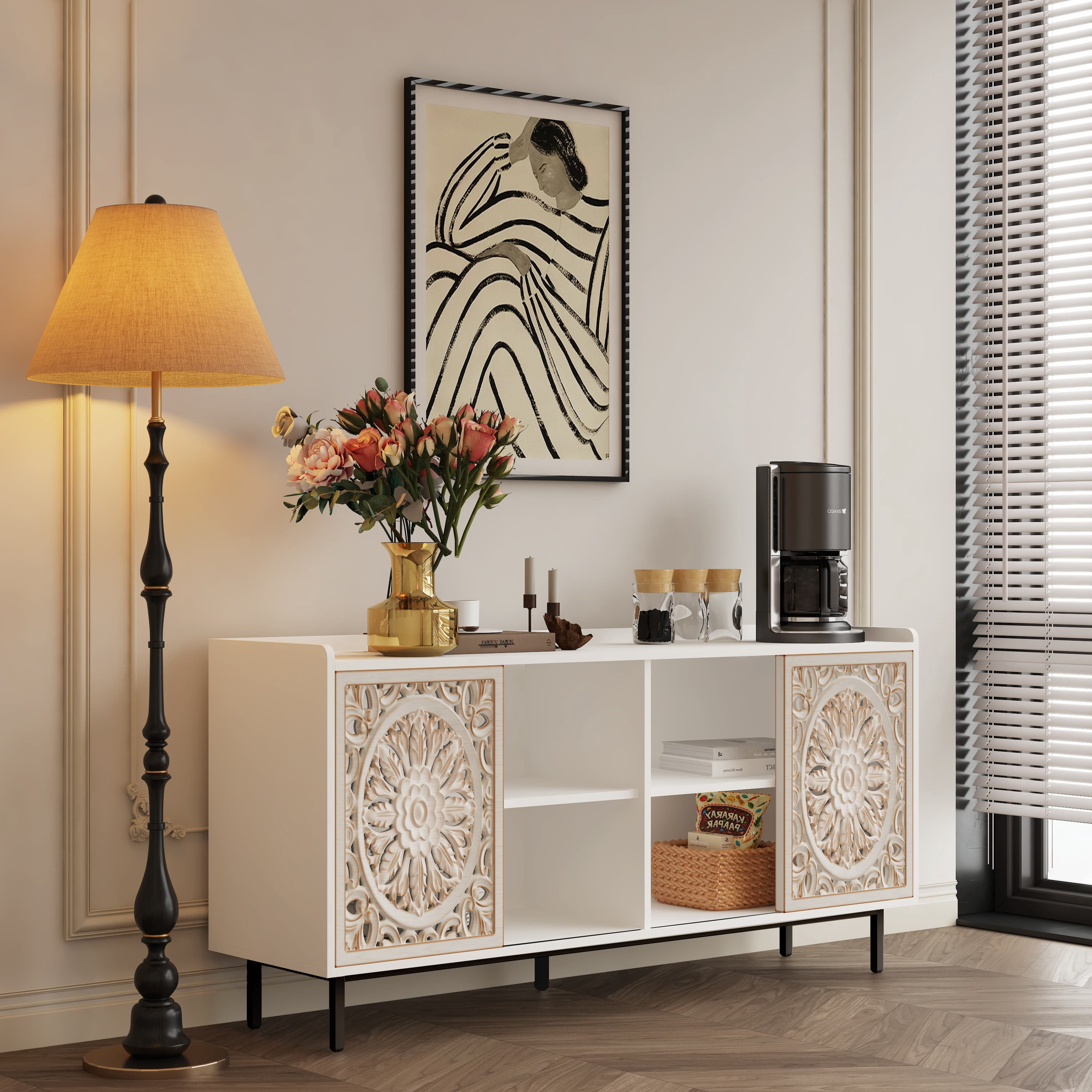Aukfa Accent Cabinet with Carved Wood Design, Buffet Sideboard & TV Stand for Living Room, Dining Room,White