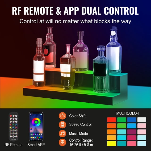 Estante de barra de exhibición de botella de licor con luz LED VEVOR Control de RF y aplicación 24 "2 pasos
