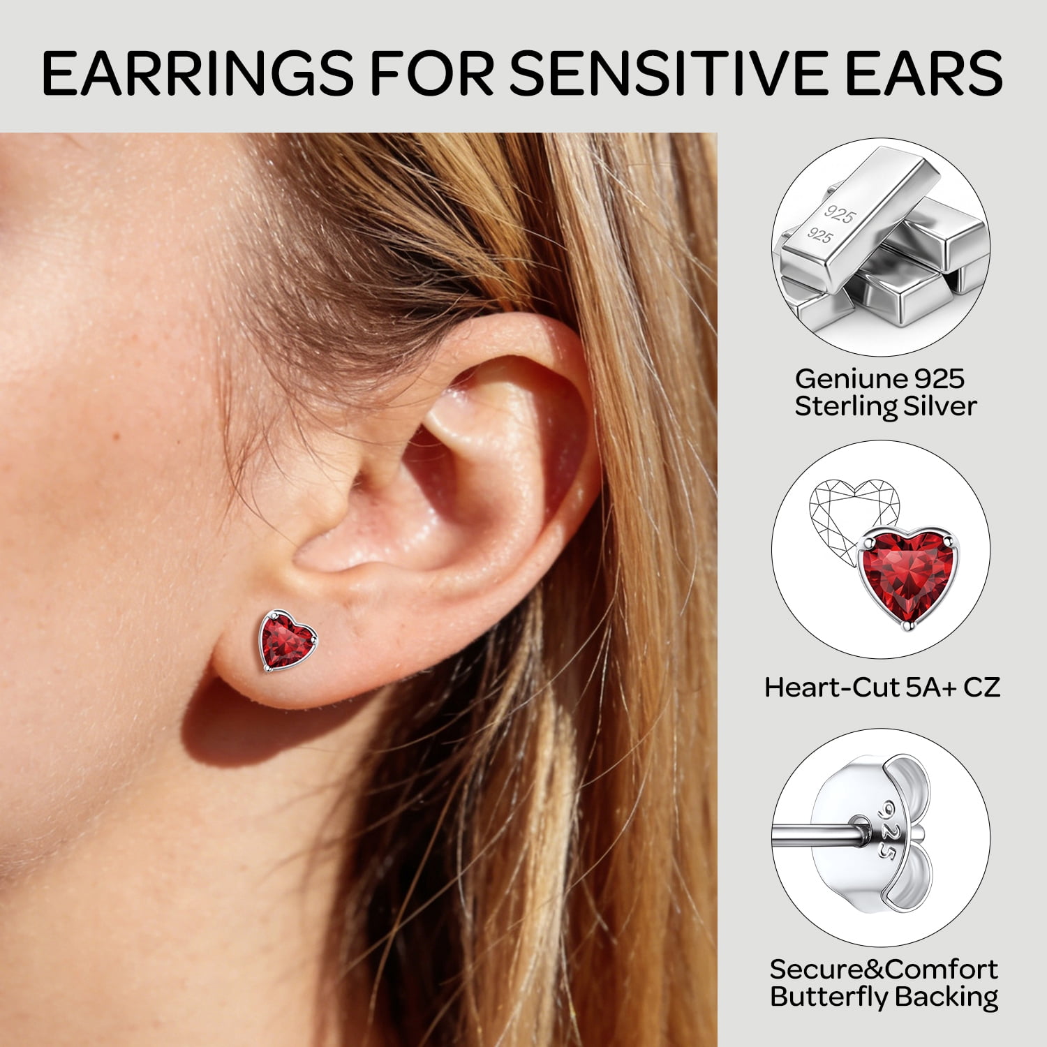 ChicSilver Solid 925 Sterling Silver Red Stud Earrings Heart Created Garnet Earrings for Women January Birthstone Jewelry Birthday Christmas Anniversary Gift for Her Wife Mom