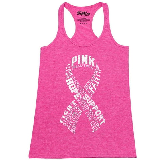 Shop4Ever Women's White Ribbon Montage Word Cloud Breast Cancer Racerback Tank Top X-Small Fuchsia