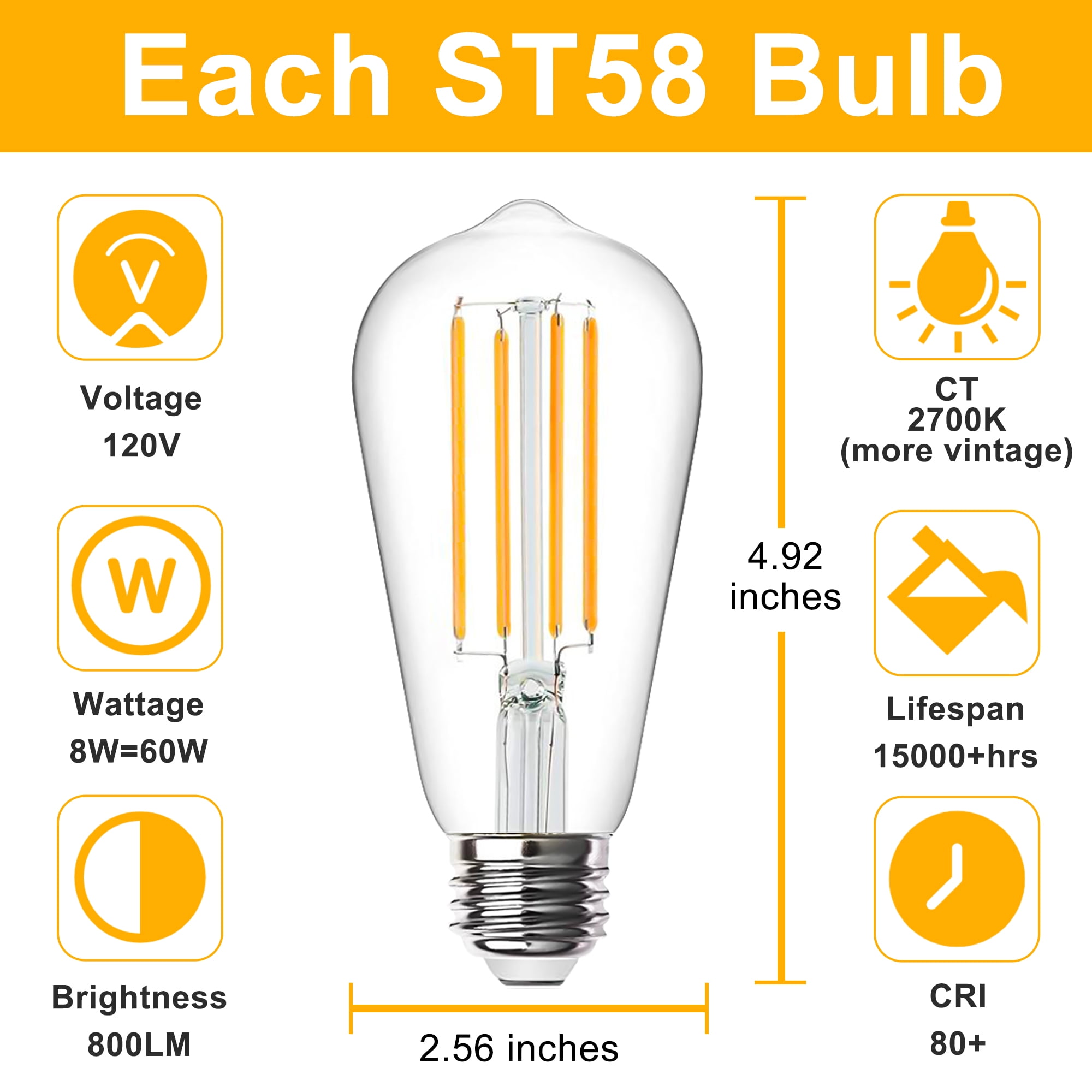 DAYBETTER Vintage LED Light Bulbs 60W Equivalent, Dimmable Edison Light Bulbs, E26 Medium Base, Warm White 2700K, ST58, 8W, 800LM, 80+ CRI, Antique Decorative Filament LED Bulb, Clear Glass,12 Pack
