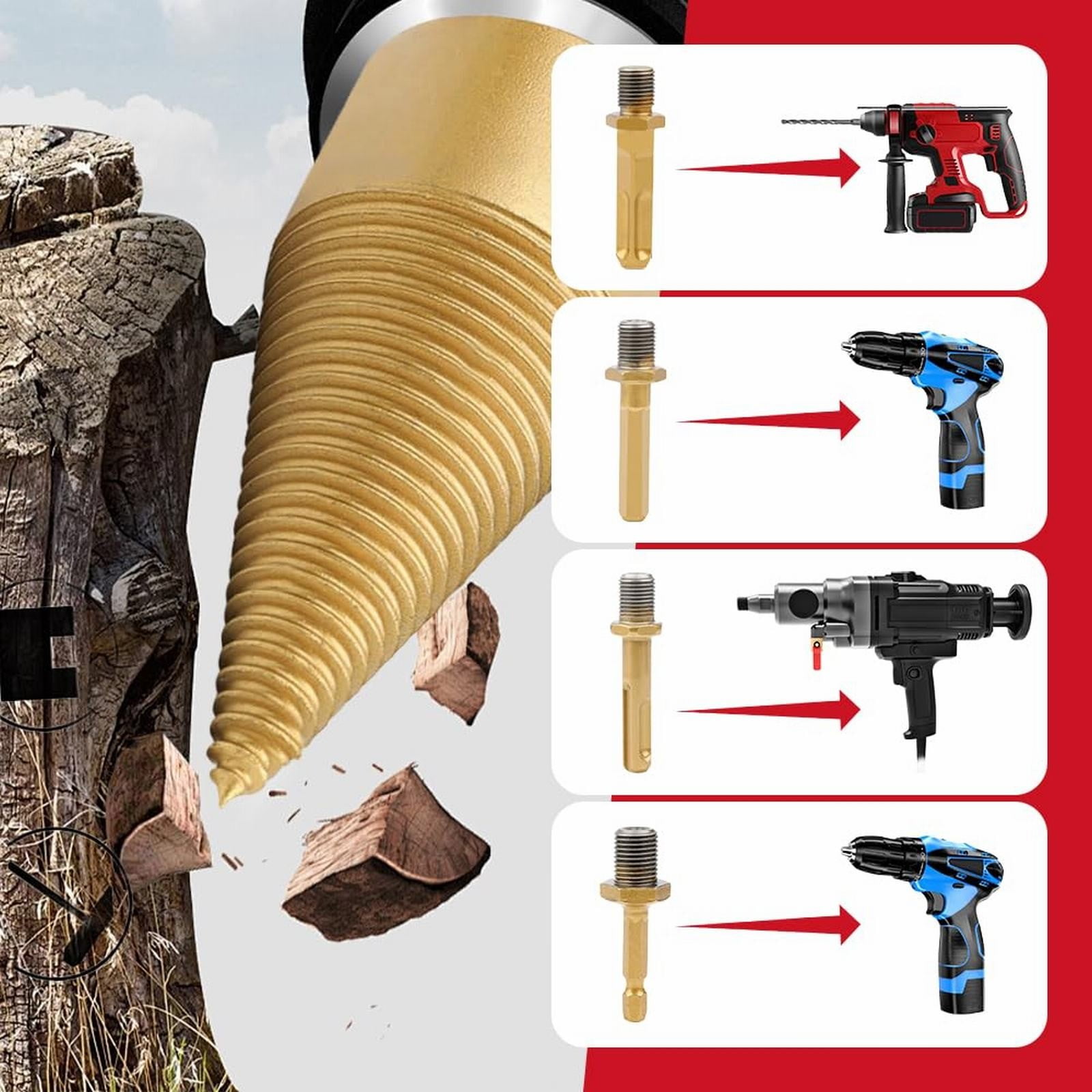 Clearance Sale!Firewood Drill Bit Set With 4 Handles Detachable Fire Wood Splitter Drill Bit Tool 42Mm / 32Mm Wood Log Splitter Drill Bit Wood Splitting Drill Bit For Drill Machine, Hardware Drill Bi