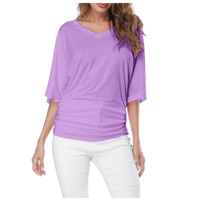 Plus Size Women's V Neck T Shirt: Batwing Sleeve, Loose Fit, Solid Color, Comfortable