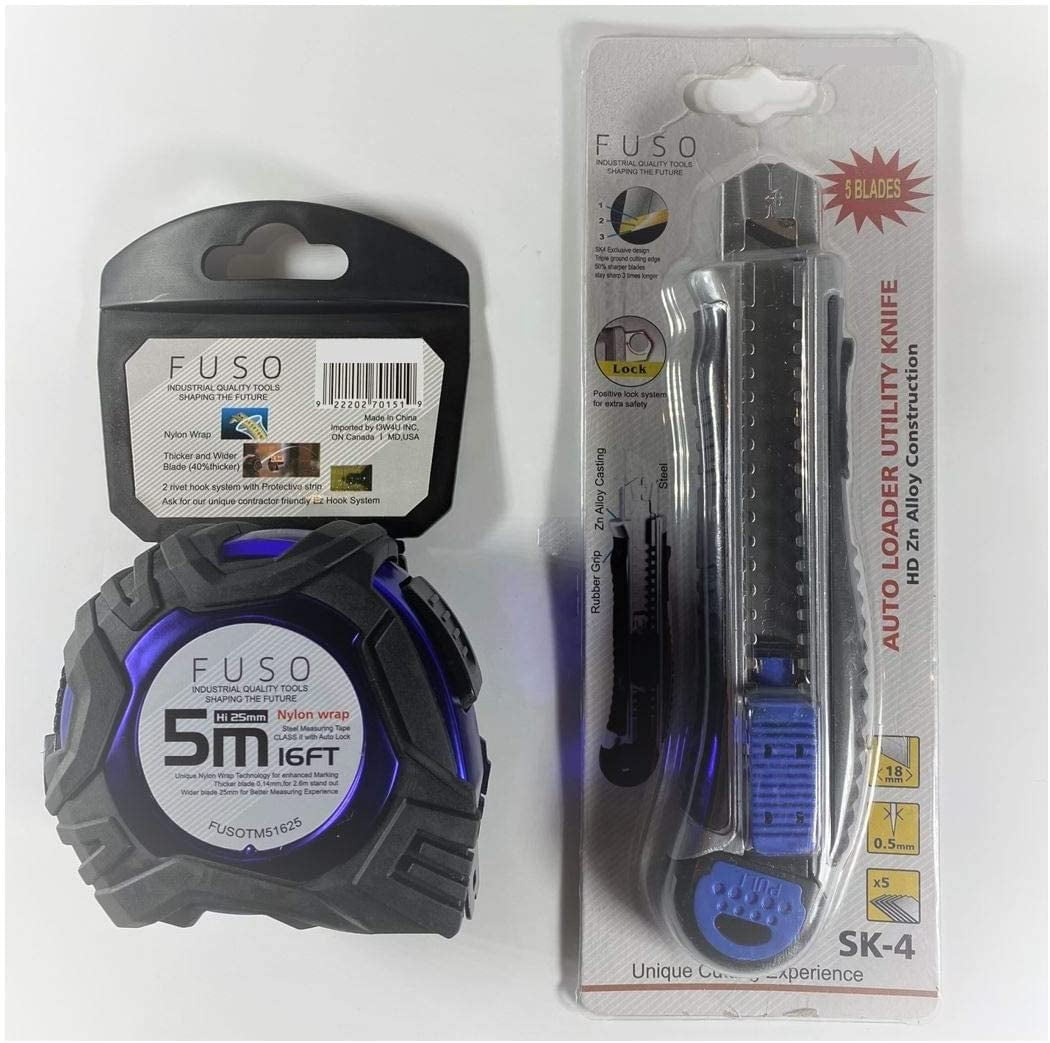 FUSO 5M/16FT AUTO LOCK MEASURING TAPE + 18MM HEAVY DUTY UTILITY KNIFE   COMBO PACK