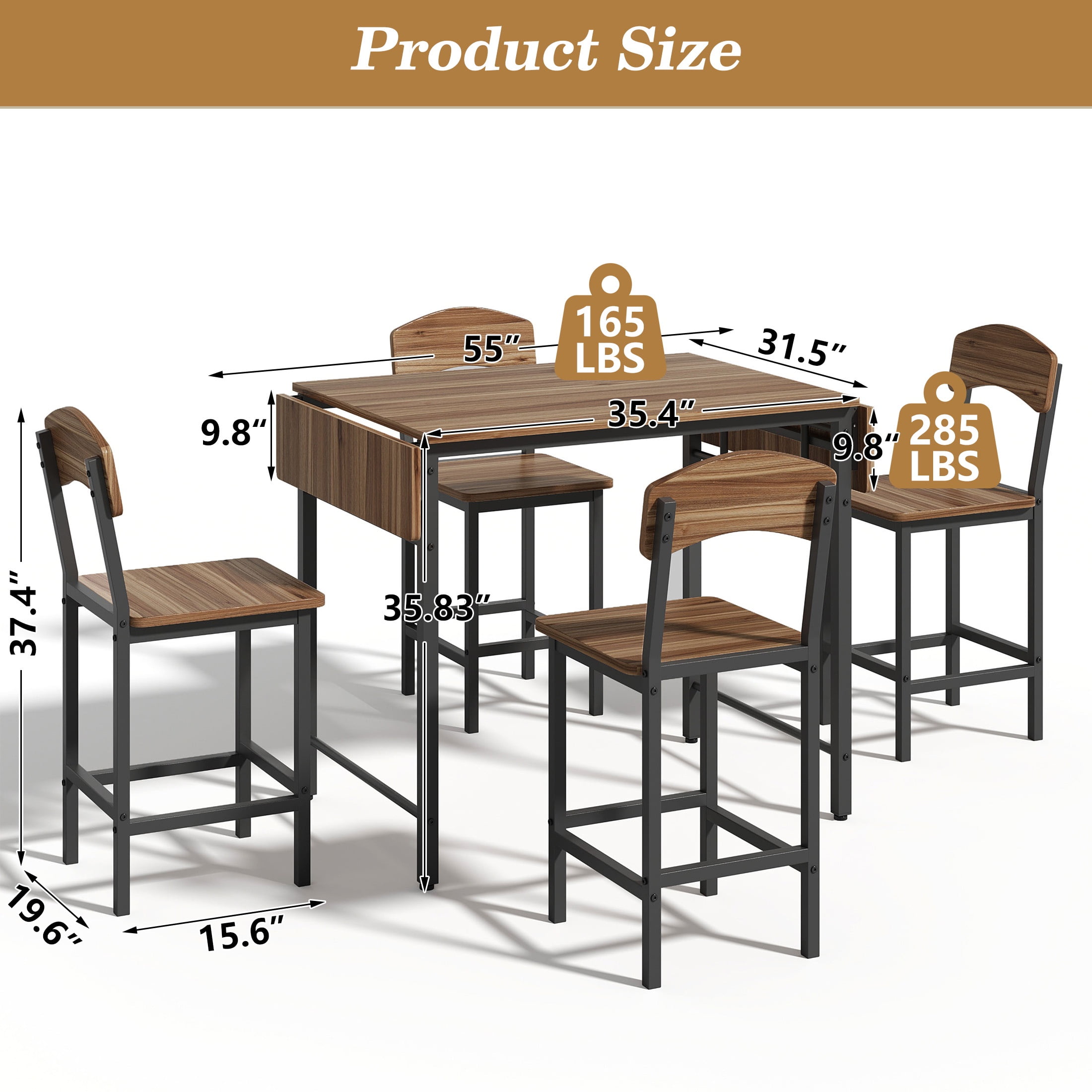 Dining Table Set for 4, Drop Leaf Pub Table and Dining Chair Set, Counter Height Table Set of 5, Kitchen Table Set with Stools for Kitchen Apartment Bistro, Brown
