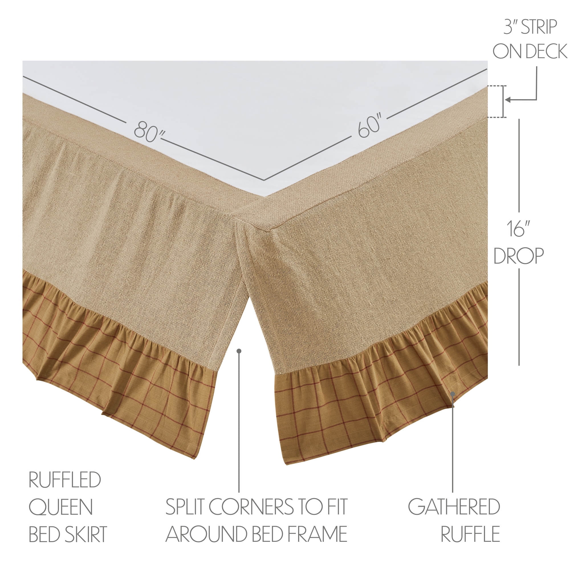 VHC Brands Connell Rustic Farmhouse Burlap Windowpane Plaid Ruffled Queen Bed Skirt Burgundy Tan 68x80x16