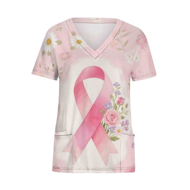 Scrub Tops for Women, V Neck Short Sleeve Blouse, Breast Cancer Awareness Bow Ribbon Print, Pocket Work Uniform, Soft Stretch Fabric