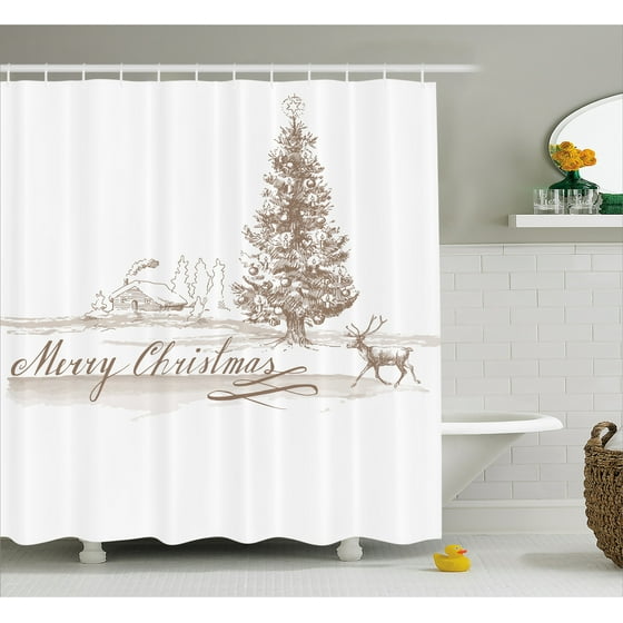 Christmas Shower Curtain Set, Romantic Vintage Merry Christmas Scene with Reindeer Tree Star