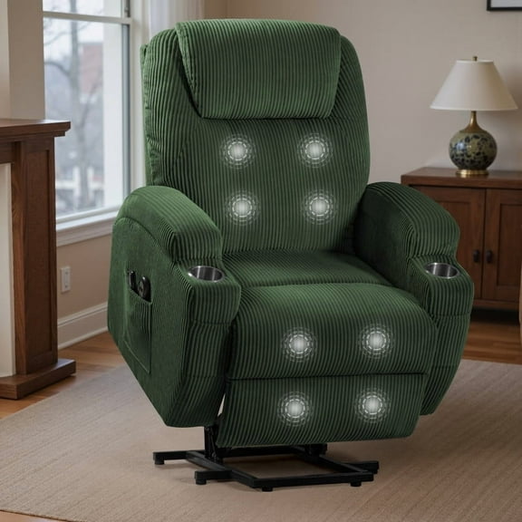 Homall Power Lift Massage Recliner Chair with Eight Vibrating Massages Ergonomic Chair with Side Pocket and Soft Corduroy for Living Room,Green