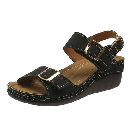 

Size 11 Wide Shoes for Women Sandals Ladies Fashion Summer Vintage Solid Leather Open Toe Buckle Thick Sole Sandals Womens Bow Tie Sandals