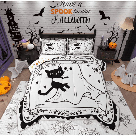 Feelyou Funny Halloween Ghost Bedding Comforter Set, Gothic Spider Web Twin Comforter Sets, Teens Boys Girls Kids Reversible Bedding Set, Ultra Soft Home Decor, 2-Piece