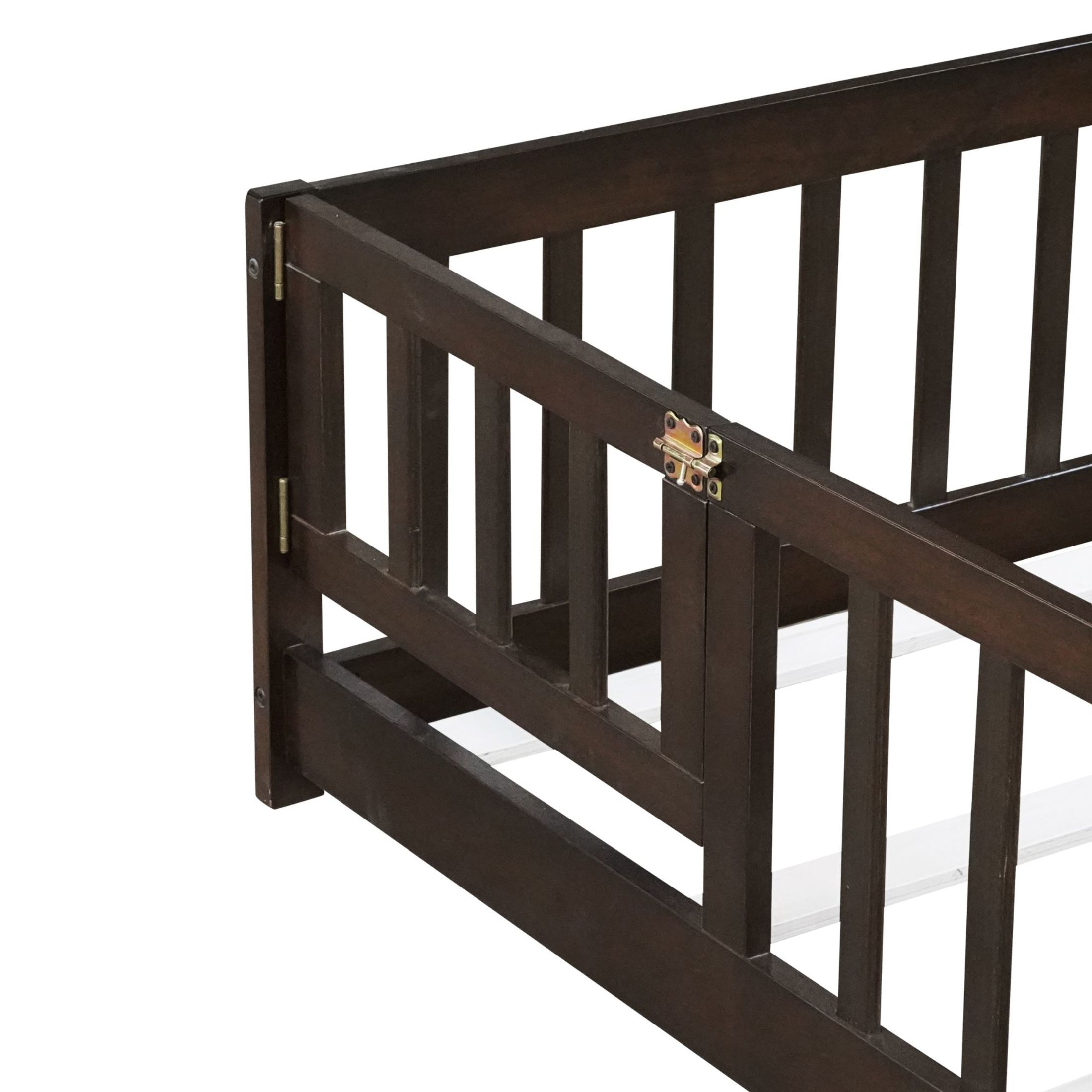 Noble House Queen Size Floor Bed, Solid Rubber Wood Frame with Fence, Door, Guardrails & Slat Support, Espresso
