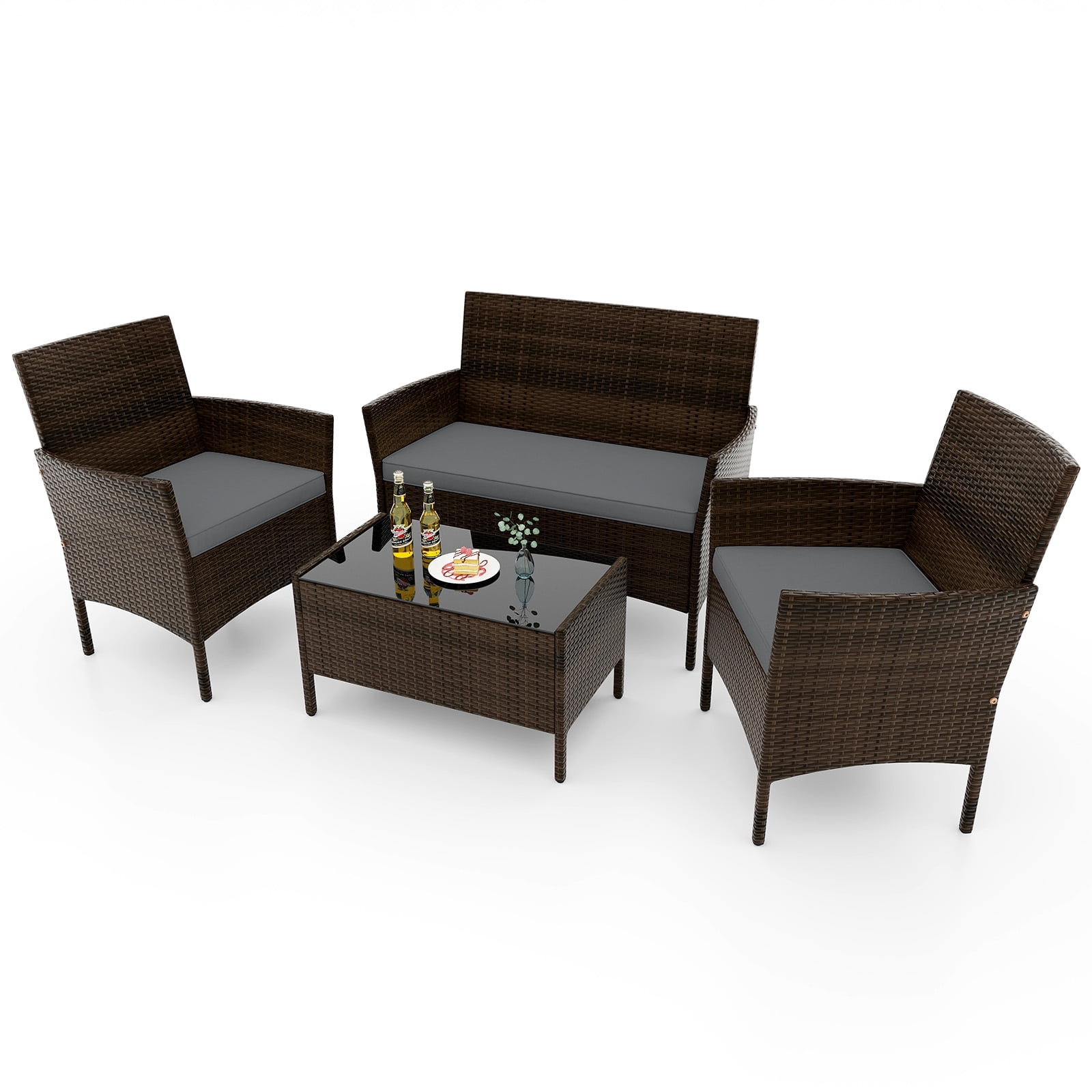 Gymax 4PCS Patio Rattan Conversation Furniture Set Outdoor w/ Gray Cushion