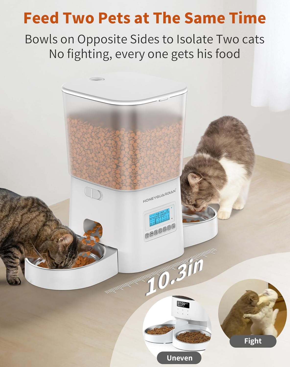 HONEYGUARDIAN Automatic Cat Feeder for 2 Cats 3.5L, Cat Food Dispenser with Stainless Steel Bowl,Timed Cat Feeder for Dry Food Programmable 1-6 Meals Control,Desiccant Bag,10s Meal Call