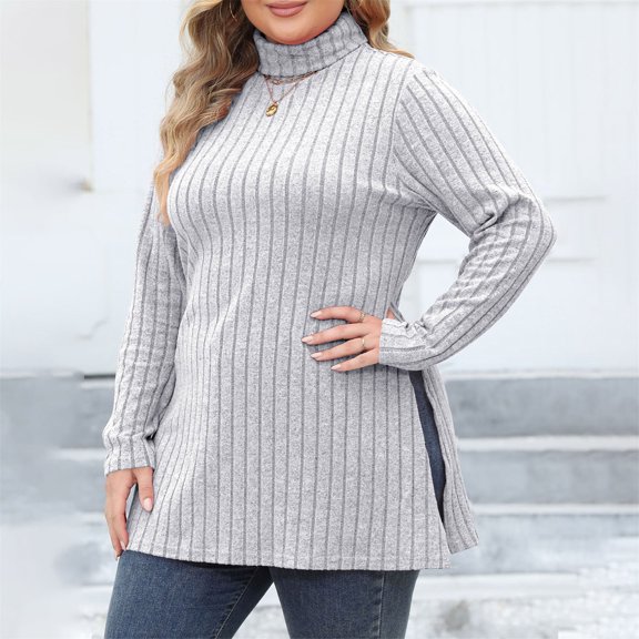 Idoravan Womens T Shirts Long Sleeve Crew Neck Basic Tee Fashion Women's Button Long Sleeve Turtleneck Blous Casual T-shirt Top Solid Blouse Gray XXL