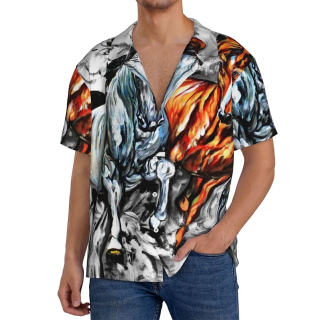 Fotbe Four Running Horses Camisa Estampada de Manga Corta para Hombre, Casual de Verano, Estilo Playero, Sin Arrugas-3X-Large