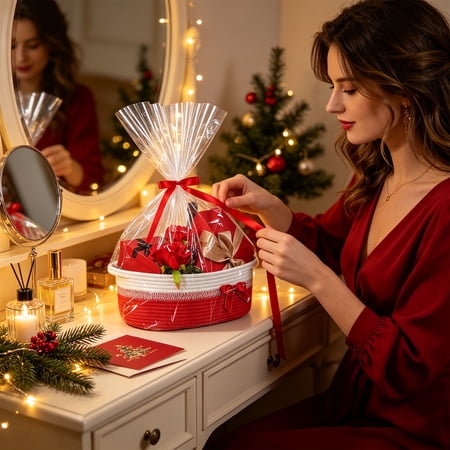 Christmas Woven Storage Basket Portable Gift Organizer Bin with Packaging for Blankets Toys Linens Accessories Living Room Bedroom Entryway Seasonal Carry Storage Decoration & Gift Presentation