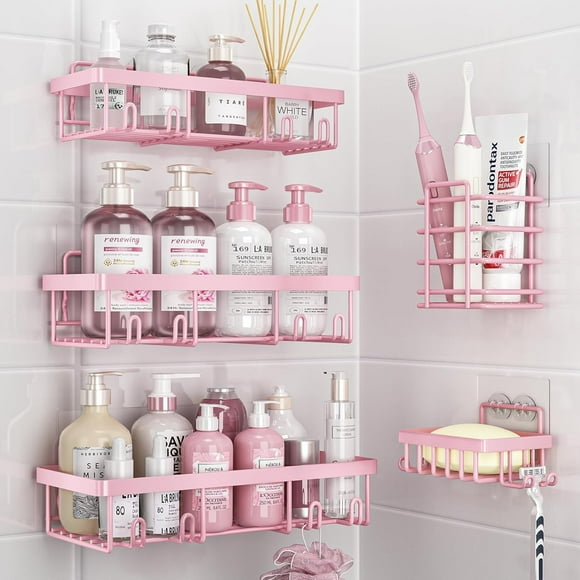 Estante organizador de ducha (paquete de 5), cesta adhesiva de pared para baño, soporte para champú de acero inoxidable, juego de decoración para baño femenino, color rosa