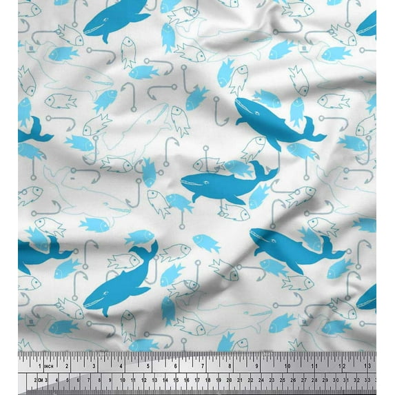 Soimoi Cotton Duck Fabric Fishing Hook,Fish & Whale Ocean Print Fabric by Yard 56 Inch Wide