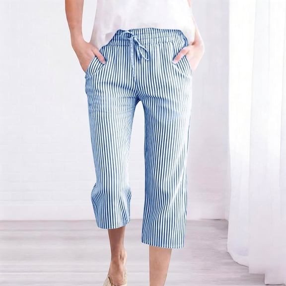 Oksale Linen Capri Pants for Women Casual Striped Capris with Pockets Elastic Drawstring Waisted Plus Size Cropped Trousers 2026 Blue M